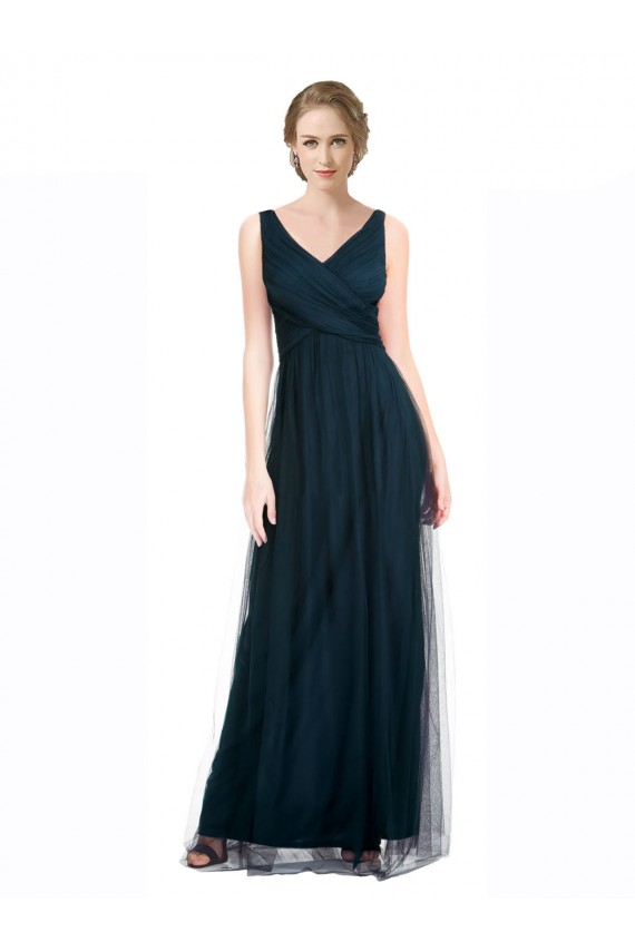 Azul 7 línea A Cuello en V Tul Largo Vestidos de dama de honor Outlet