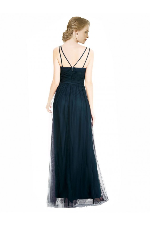 Azul 7 línea A Cuello en V Tul Largo Vestidos de dama de honor Outlet