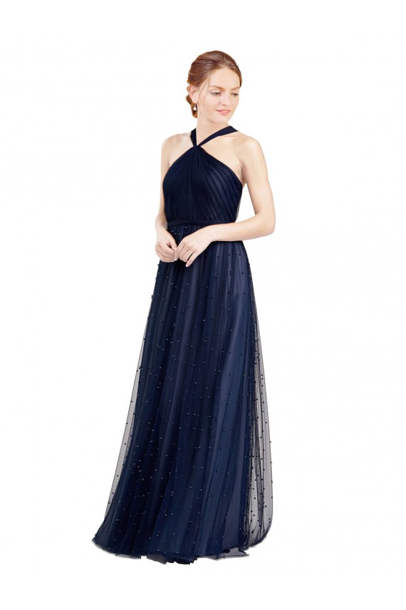 Azul Marino 21 línea A Halter Tul Largo Vestidos de dama de honor Outlet