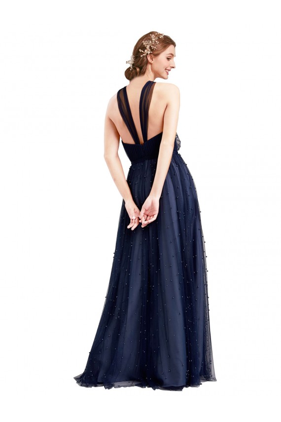 Azul Marino 21 línea A Halter Tul Largo Vestidos de dama de honor Outlet