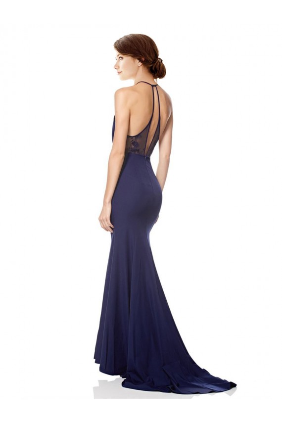Azul Marino Sirena Halter Cuello Alto Crepé Elástico Largo Formales Vestidos de dama de honor / Vestidos de fiesta Outlet