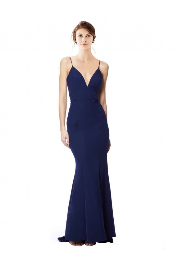 Azul Marino Sirena Tirantes espagueti Cuello en V Cuello Alto Crepé Elástico Largo Formales Vestidos de dama de honor / Vestidos de fiesta Outlet