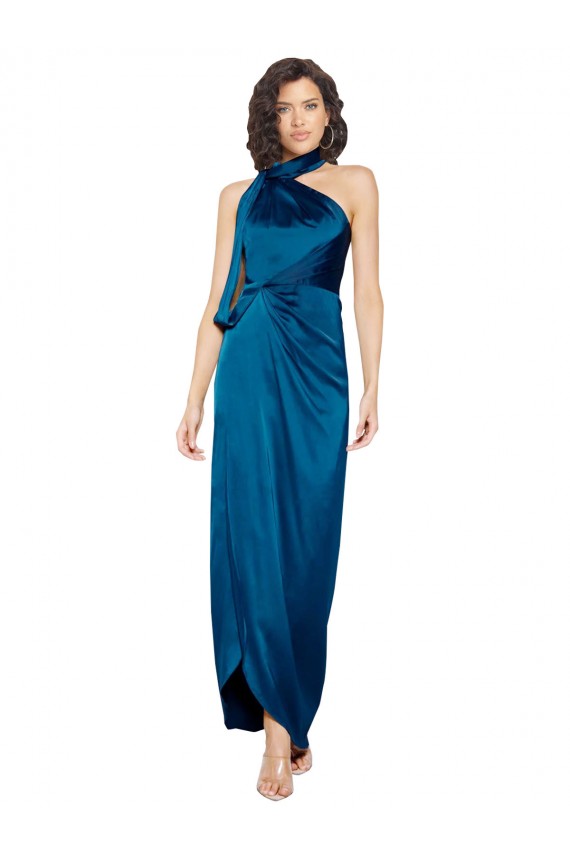 Azul Verde pavo real Cubierta Halter Cuello Alto Satén sedoso Largo Formales Vestidos de dama de honor / Vestidos de fiesta Outlet