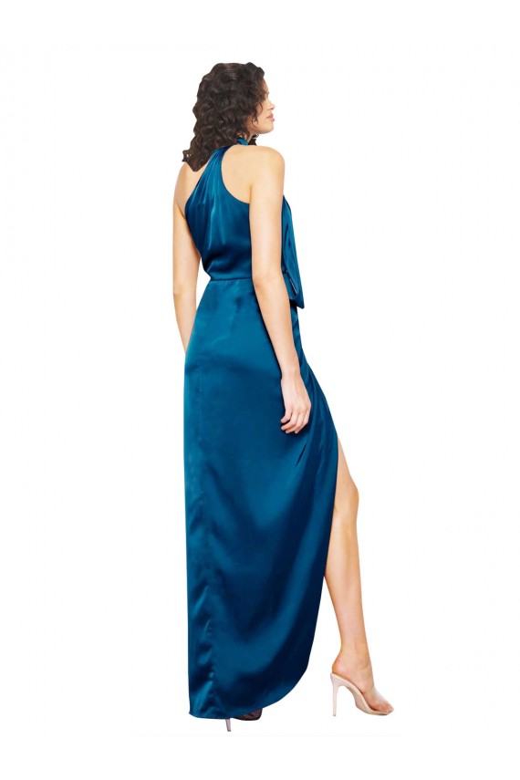 Azul Verde pavo real Cubierta Halter Cuello Alto Satén sedoso Largo Formales Vestidos de dama de honor / Vestidos de fiesta Outlet