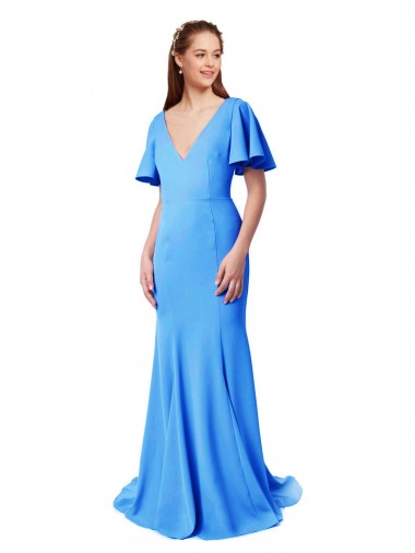 Azul Verde pavo real Sirena Cuello en V Barrer tren Crepé Elástico Largo Vestidos de dama de honor / Vestidos de fiesta Outlet
