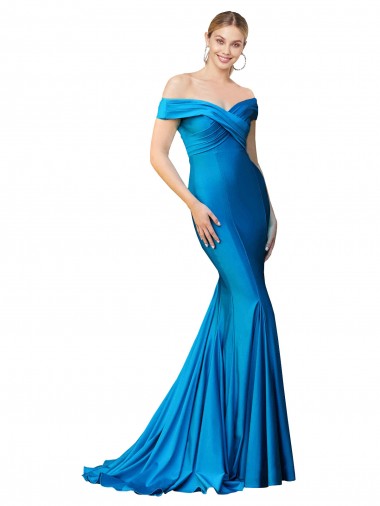 Azul Verde pavo real Sirena Hombros Descubiertos Satén Largo Formales Vestidos de dama de honor / Vestidos de fiesta Outlet