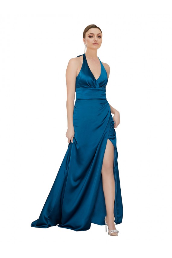 Azul Verde pavo real línea A Halter Satén sedoso Largo Formales Vestidos de dama de honor / Vestidos de fiesta Outlet