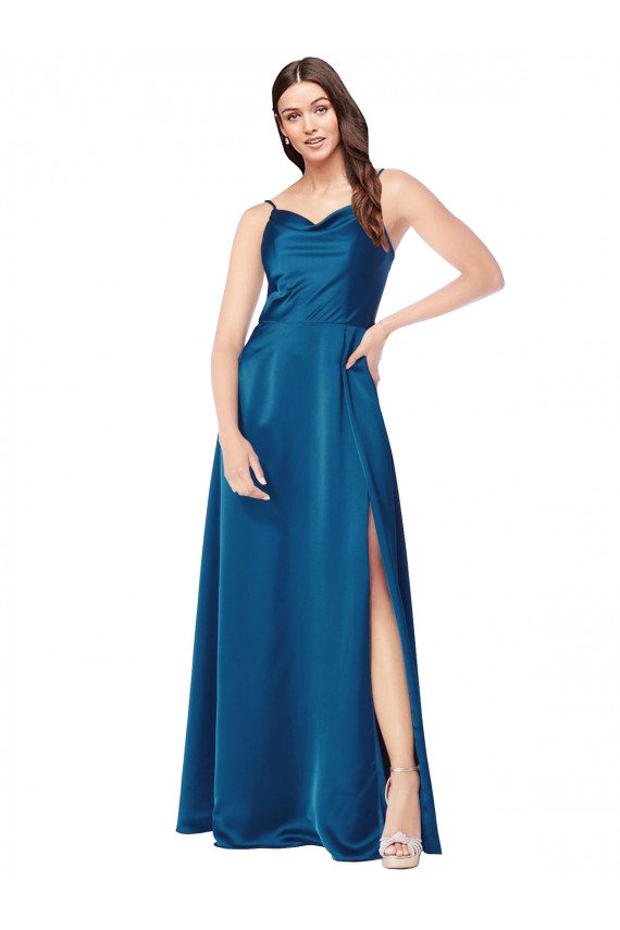 Azul Verde pavo real línea A Tirantes espagueti Satén sedoso Largo Formales Vestidos de dama de honor / Vestidos de fiesta Outlet