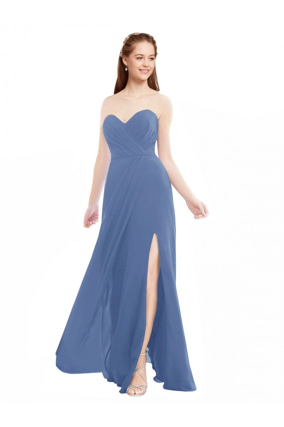 Azul Windsor línea A Cuello de Corazón Sin tirantes Gasa Largo Vestidos de dama de honor Outlet