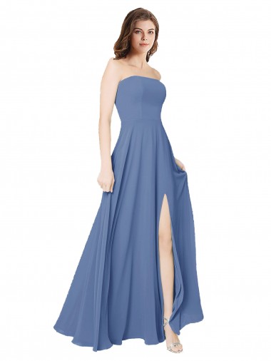 Azul Windsor línea A Sin tirantes Gasa Largo Vestidos de dama de honor Outlet