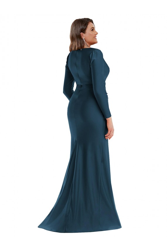 Azul atlántico Sirena Cuello en V Satén sedoso Largo Formales Vestidos de dama de honor / Vestidos de fiesta Outlet