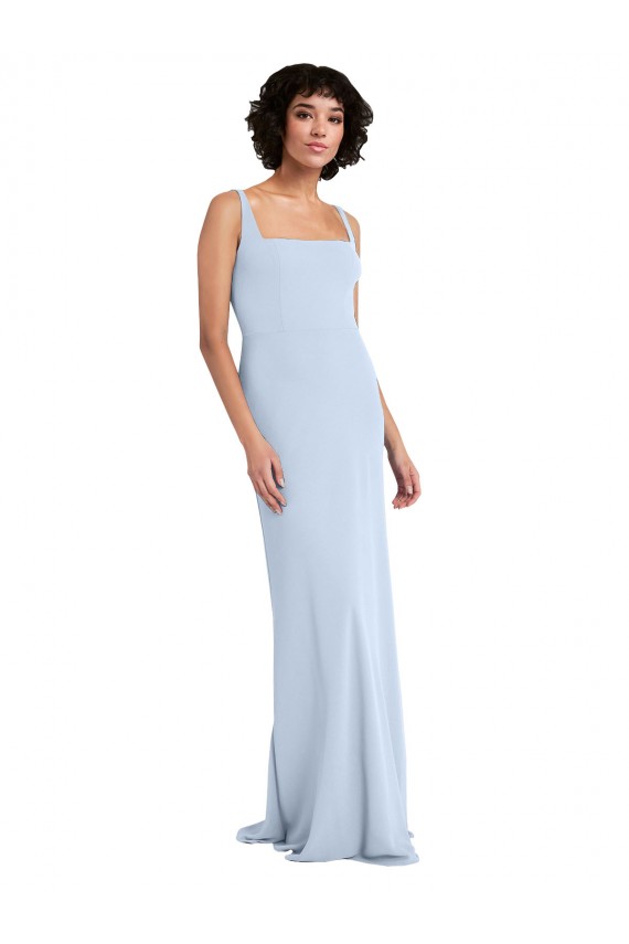 Azul cielo claro Cubierta Cuadrado Crepé Elástico Largo Vestidos de dama de honor / Vestidos de fiesta Outlet