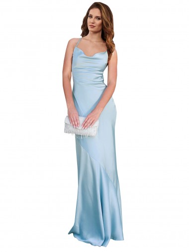 Azul cielo claro Cubierta Satén sedoso Largo Formales Vestidos de dama de honor / Vestidos de fiesta Outlet
