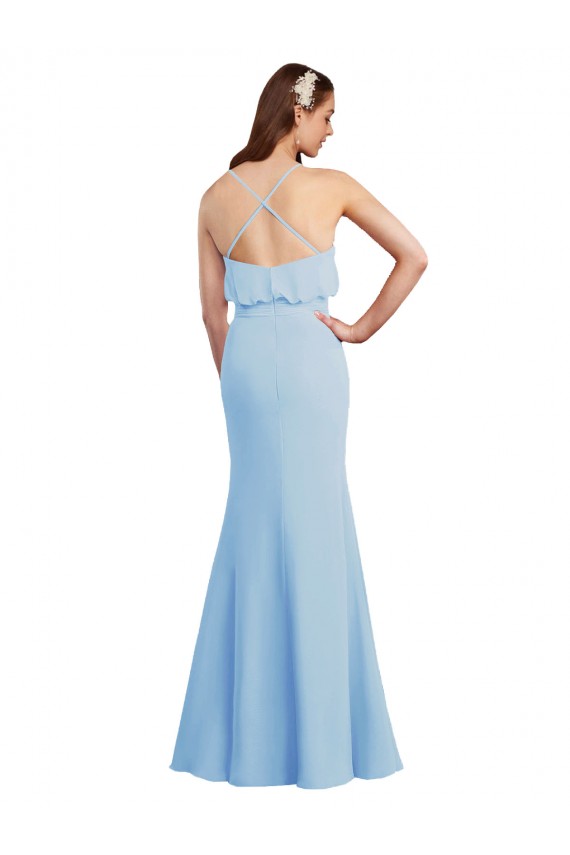 Azul cielo claro Sirena Tirantes espagueti Cuello en V Gasa Largo Vestidos de dama de honor Outlet