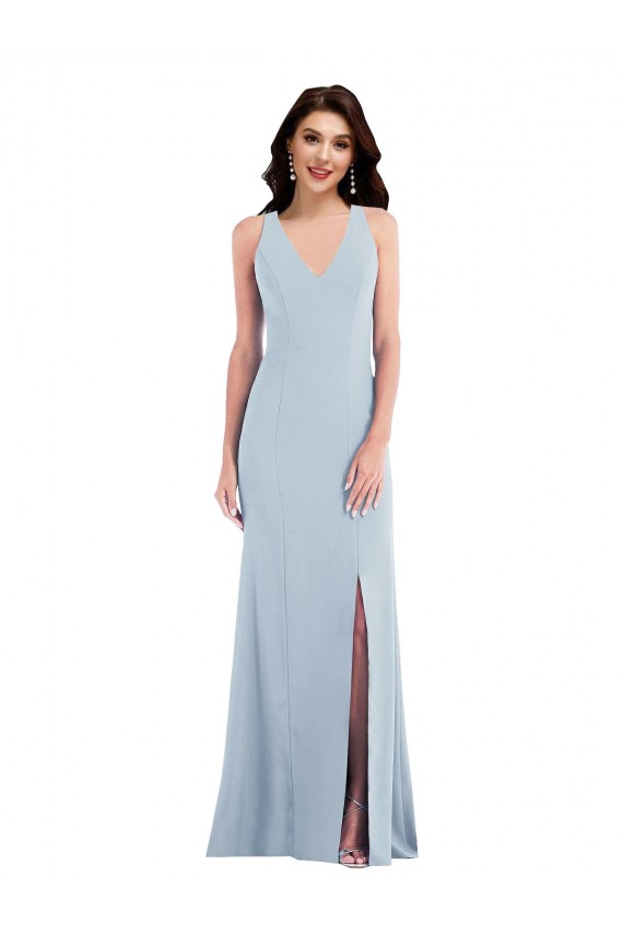 Azul cielo claro Trompeta Cuello en V Crepé Elástico Largo Vestidos de dama de honor / Vestidos de fiesta Outlet