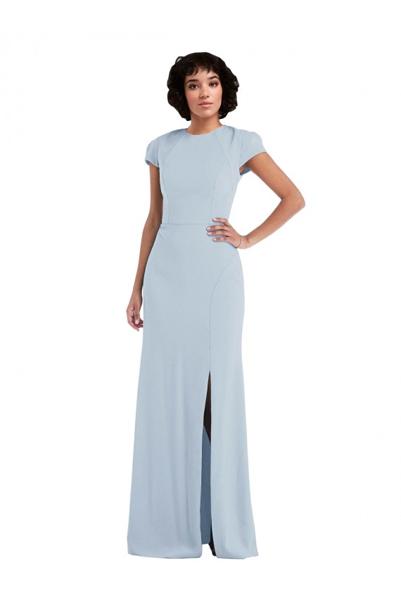 Azul cielo claro Trompeta Cuello joya Crepé Elástico Largo Vestidos de dama de honor Outlet