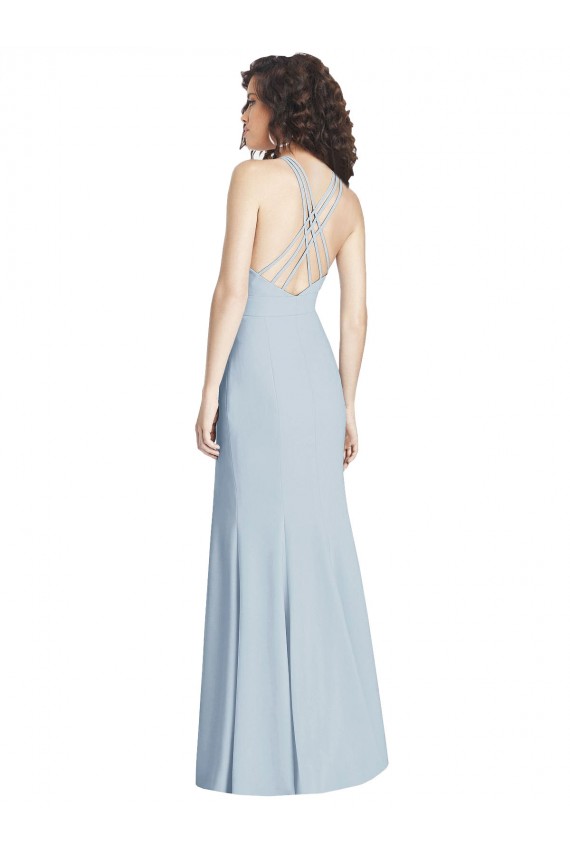 Azul cielo claro Trompeta Halter Crepé Elástico Largo Vestidos de dama de honor / Vestidos de fiesta Outlet