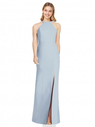 Azul cielo claro Trompeta Halter Cuello Alto Crepé Elástico Largo Formales Vestidos de dama de honor / Vestidos de noche Outlet