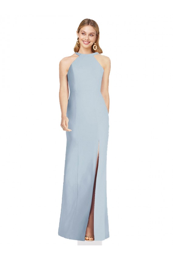 Azul cielo claro Trompeta Halter Cuello Alto Crepé Elástico Largo Formales Vestidos de dama de honor / Vestidos de noche Outlet