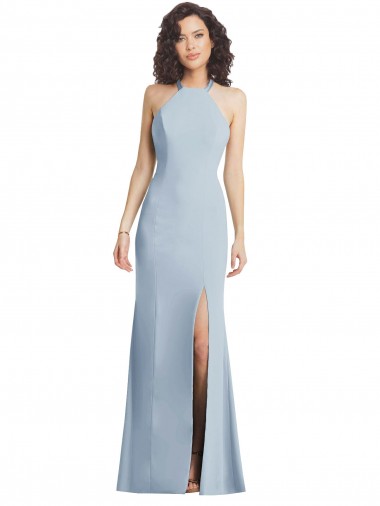 Azul cielo claro Trompeta Halter Cuello Alto Crepé Elástico Largo Formales Vestidos de dama de honor / Vestidos de fiesta Outlet