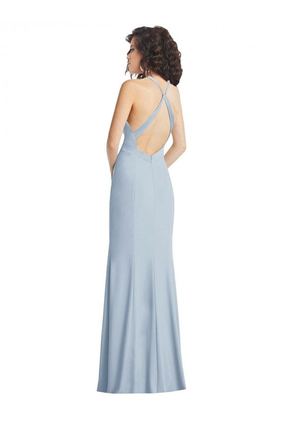 Azul cielo claro Trompeta Halter Cuello Alto Crepé Elástico Largo Formales Vestidos de dama de honor / Vestidos de fiesta Outlet