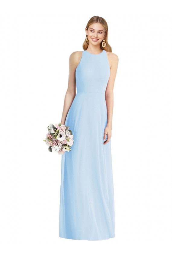 Azul cielo claro Trompeta Halter Gasa Largo Vestidos de dama de honor Outlet