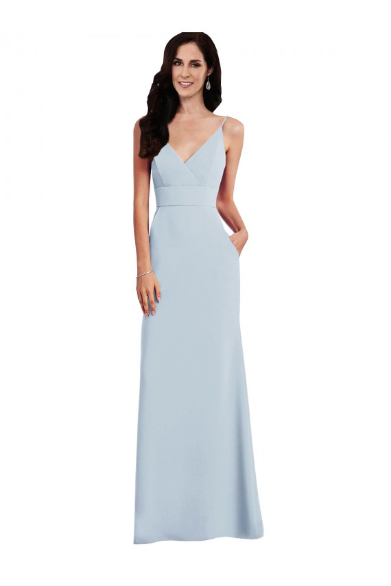 Azul cielo claro Trompeta Tirantes espagueti Cuello en V Crepé Elástico Largo Vestidos de dama de honor / Vestidos de fiesta Outlet