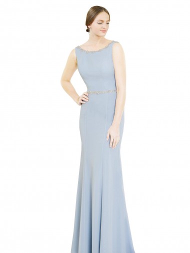 Azul cielo claro línea A Cuello Barco Cuello Alto Gasa Largo Vestidos de dama de honor Outlet