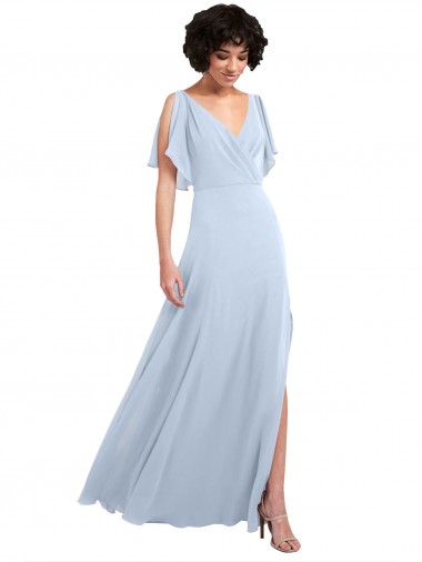 Azul cielo claro línea A Cuello en V Gasa Largo Vestidos de dama de honor Outlet