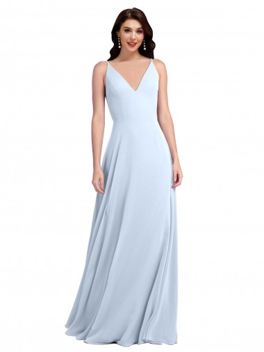 Azul cielo claro línea A Cuello en V Gasa Largo Vestidos de dama de honor Outlet