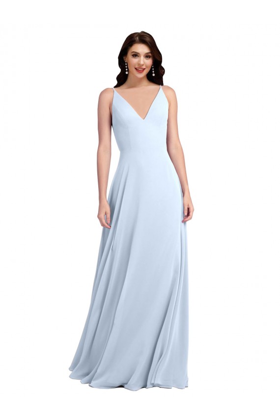 Azul cielo claro línea A Cuello en V Gasa Largo Vestidos de dama de honor Outlet