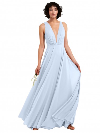 Azul cielo claro línea A Cuello en V Gasa Largo Vestidos de dama de honor Outlet