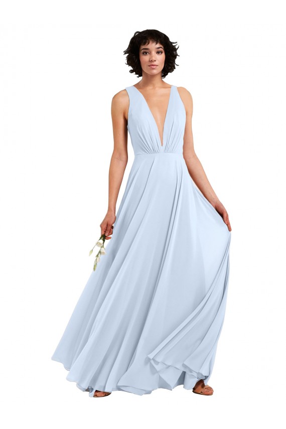 Azul cielo claro línea A Cuello en V Gasa Largo Vestidos de dama de honor Outlet