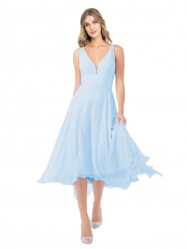 Azul cielo claro línea A Cuello en V Midi Gasa Corto Vestidos de dama de honor / Vestidos de cóctel Outlet