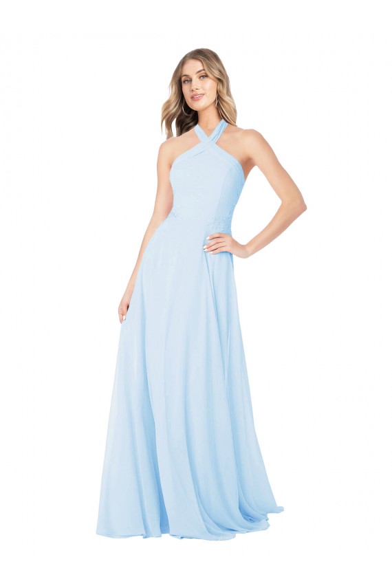 Azul cielo claro línea A Halter Cuello Alto Gasa Largo Vestidos de dama de honor Outlet