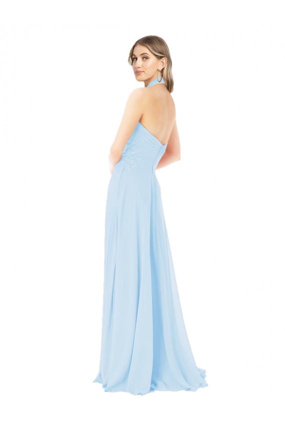 Azul cielo claro línea A Halter Cuello Alto Gasa Largo Vestidos de dama de honor Outlet