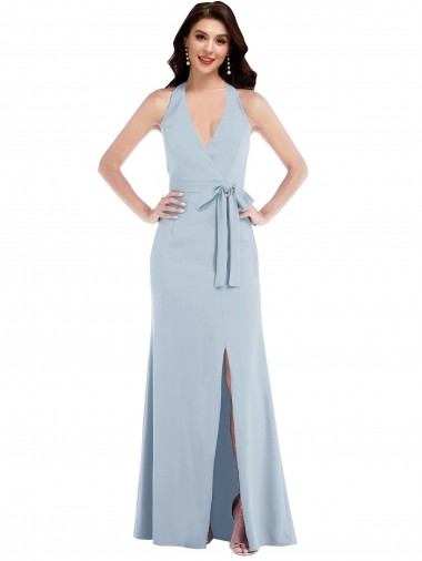 Azul cielo claro línea A Halter Cuello en V Crepé Elástico Largo Formales Vestidos de dama de honor / Vestidos de fiesta Outlet