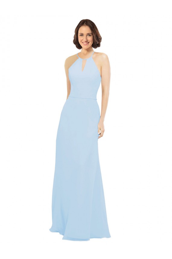 Azul cielo claro línea A Halter Gasa Largo Vestidos de dama de honor Outlet