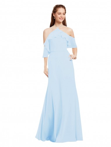 Azul cielo claro línea A Halter Gasa Largo Vestidos de dama de honor Outlet