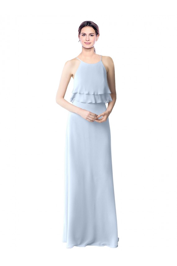 Azul cielo claro línea A Halter Gasa Largo Vestidos de dama de honor Outlet