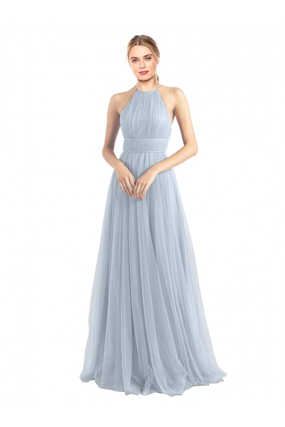 Azul cielo claro línea A Halter Tul Largo Vestidos de dama de honor Outlet