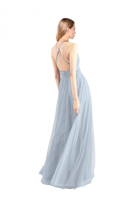 Azul cielo claro línea A Halter Tul Largo Vestidos de dama de honor Outlet