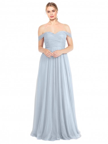 Azul cielo claro línea A Hombros Descubiertos Tul Largo Vestidos de dama de honor Outlet
