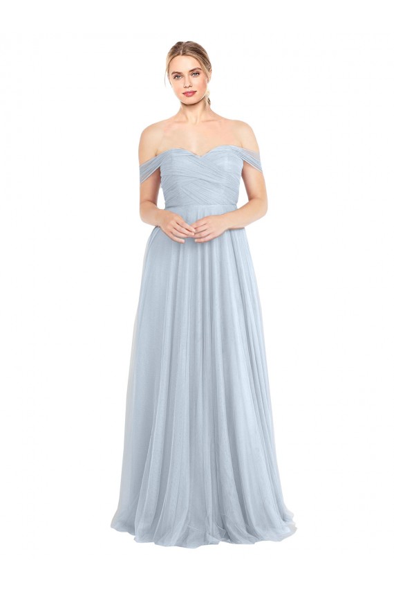 Azul cielo claro línea A Hombros Descubiertos Tul Largo Vestidos de dama de honor Outlet