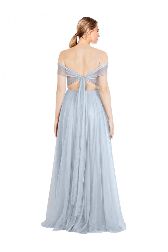 Azul cielo claro línea A Hombros Descubiertos Tul Largo Vestidos de dama de honor Outlet