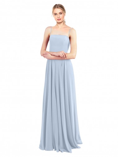 Azul cielo claro línea A Tirantes espagueti Cuadrado Gasa Largo Vestidos de dama de honor Outlet