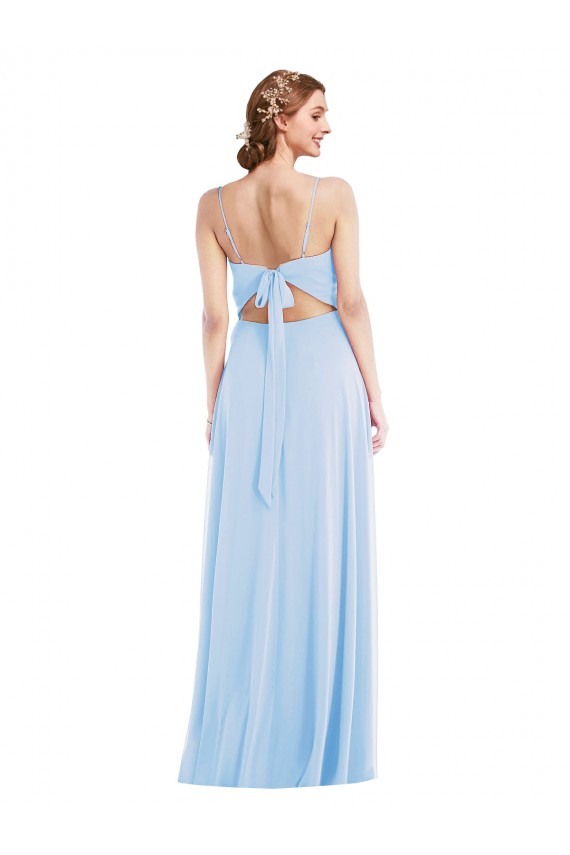 Azul cielo claro línea A Tirantes espagueti Cuello en V Gasa Largo Formales Vestidos de dama de honor / Vestidos de noche Outlet