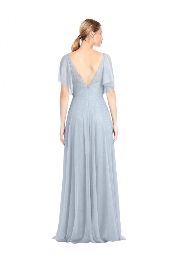 Azul cielo claro línea A Tirantes espagueti Cuello en V Tul Largo Vestidos de dama de honor Outlet