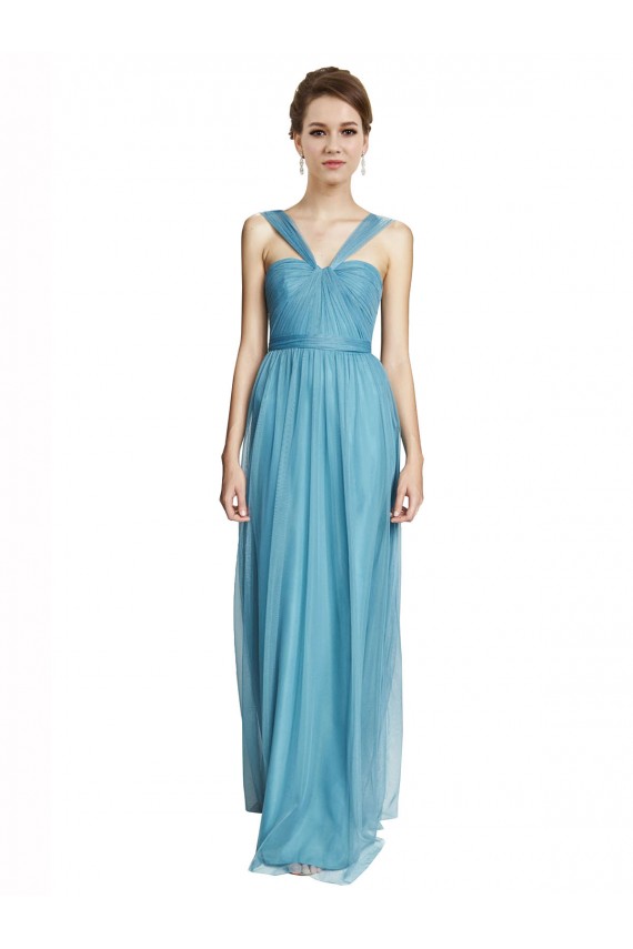 Azul cielo línea A Tirantes espagueti Halter Cuello en V Tul Largo Vestidos de dama de honor Outlet