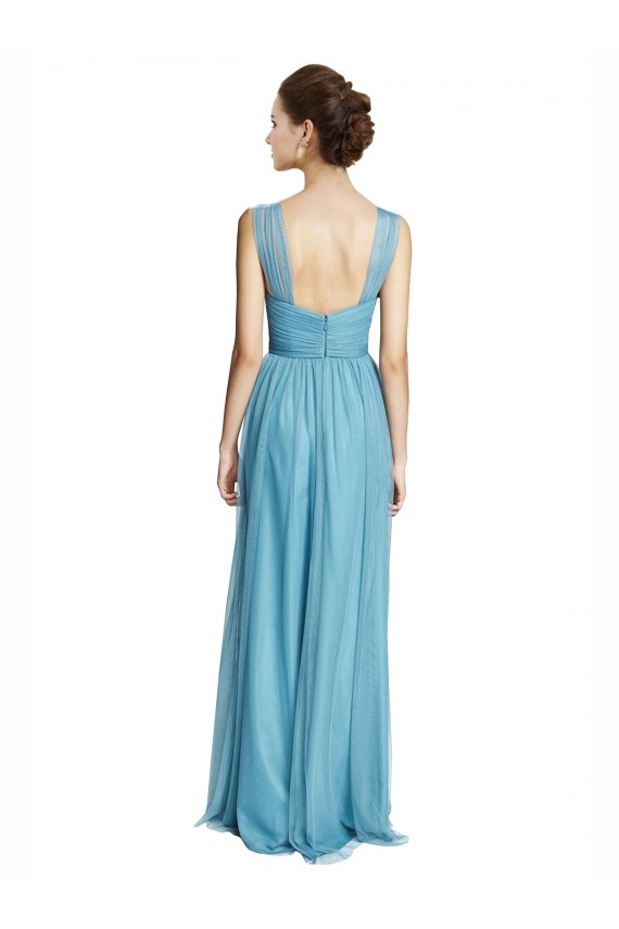 Azul cielo línea A Tirantes espagueti Halter Cuello en V Tul Largo Vestidos de dama de honor Outlet